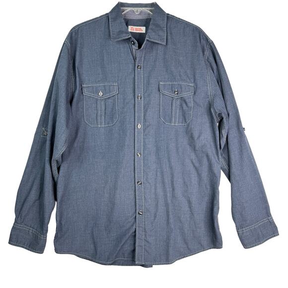 Michael Brandon Chambray Button Up Shirt Roll Tab Sleeves Blue L - Picture 1 of 8